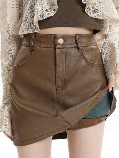 Saia De Couro Fake Pu Com Forro De Short Simples Marrom Basica Zipper Premium Importado