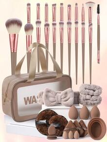 2/5/39Pcs Complete Makeup Brush Kit, 20 Synthetic Brushes + Sponges, Puffs, Cleaner, Washbag, Headband & Wristbands, All-In-One Tools For Daily Foundation, Eyeshadow & Blush Application - Coffee Brown - View 1