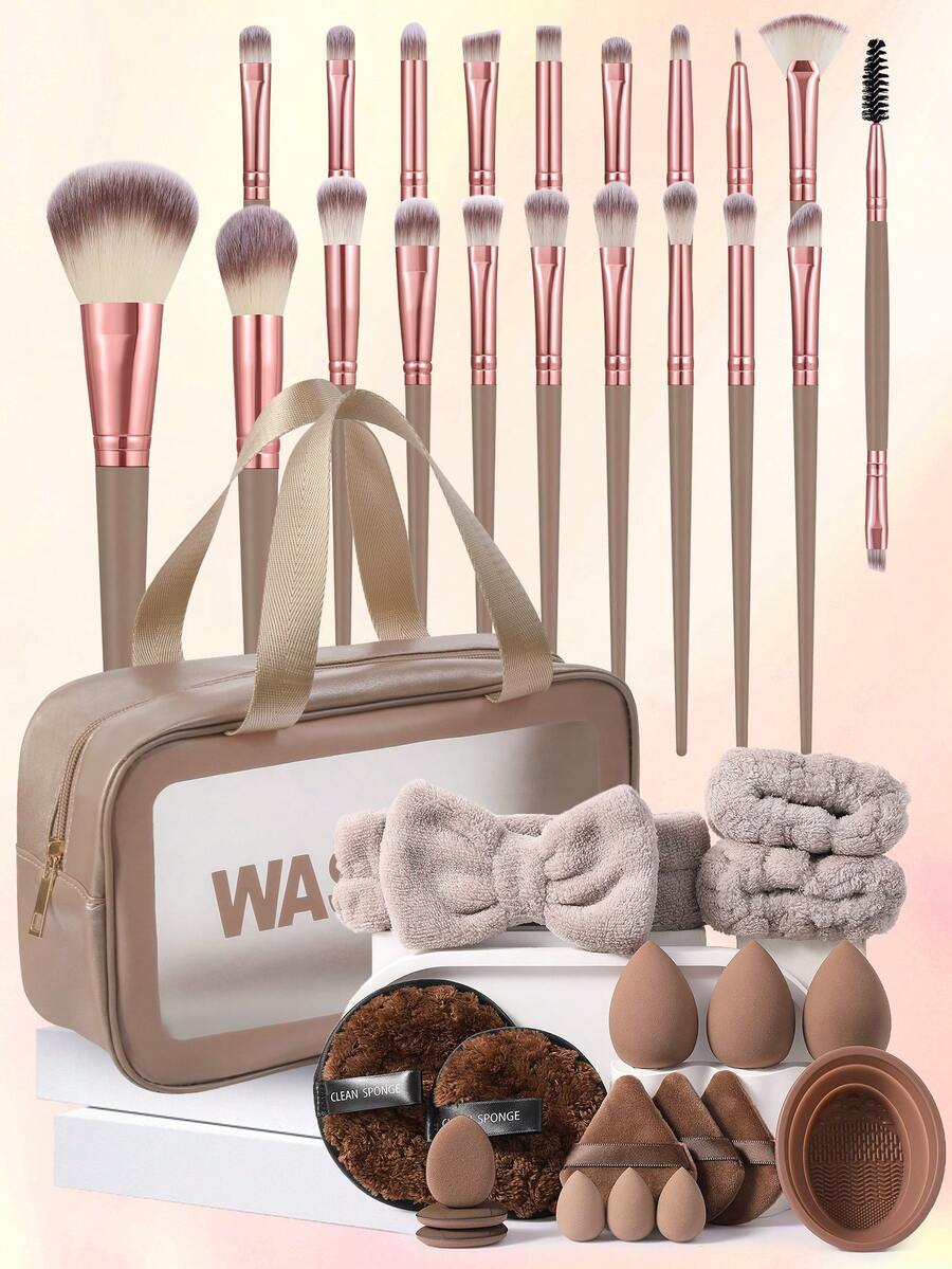 2/5/39Pcs Complete Makeup Brush Kit, 20 Synthetic Brushes + Sponges, Puffs, Cleaner, Washbag, Headband & Wristbands, All-In-One Tools For Daily Foundation, Eyeshadow & Blush Application - Coffee Brown - View 1