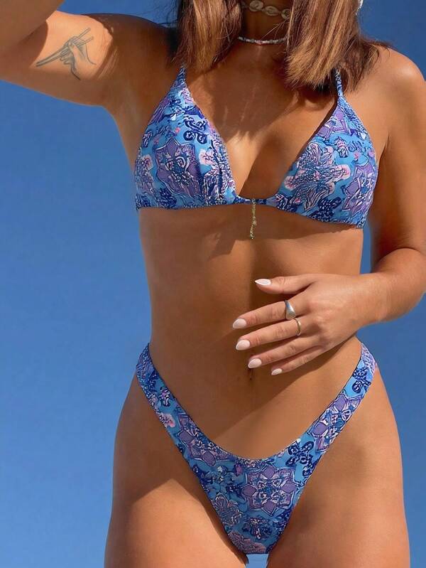 Damen Badeanzug mit rückenfreiem Neckholder, hoher Beinausschnitt, zufälliger Muster, für den Sommer