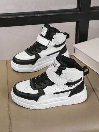 Kids Classic Black & White Hook And Loop Design Casual Sneakers, Easy On/Off, Comfortable Wear For School, Outdoor Activities, Unisex, Plus Size Training & Running Shoes