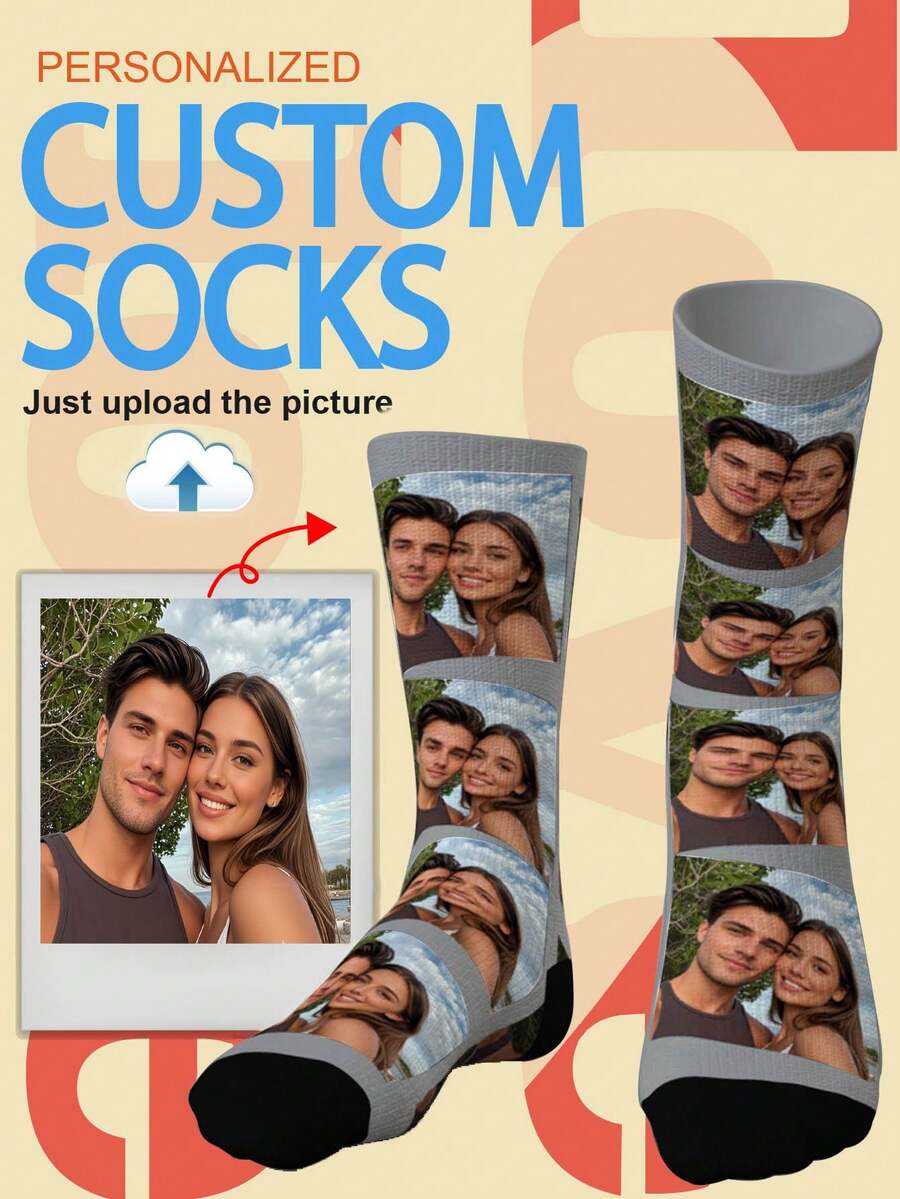 1 Pair Of Customized Crew Socks, Custom Face Socks, Couple Socks, Custom Photo Sock, Custom Printed Socks, Personalized Funny Face Socks, Custom Picture Socks, Put Any Face On The Socks - Grey - View 1