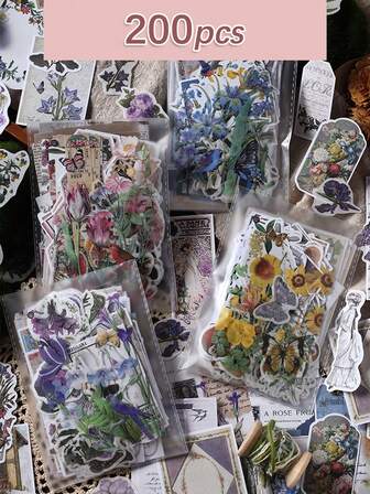 200pcs Retro Plant Flower Account Stickers DIY Decoration Base Paper Account Material Package
