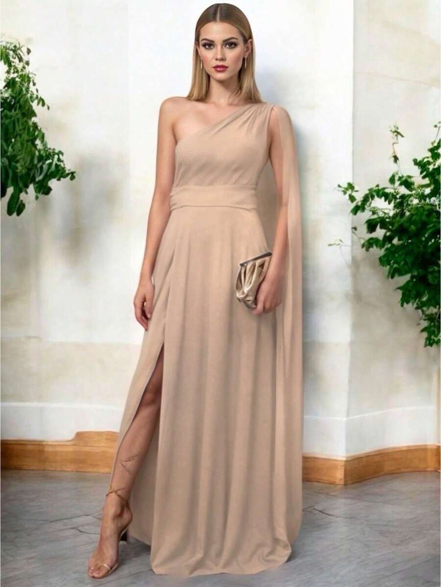 Vestido Elegante Asimetrico con Abertura Lateral y Holgado de la Parte Inferior Hombro Descubierto con Capa - Caqui - Ver 1