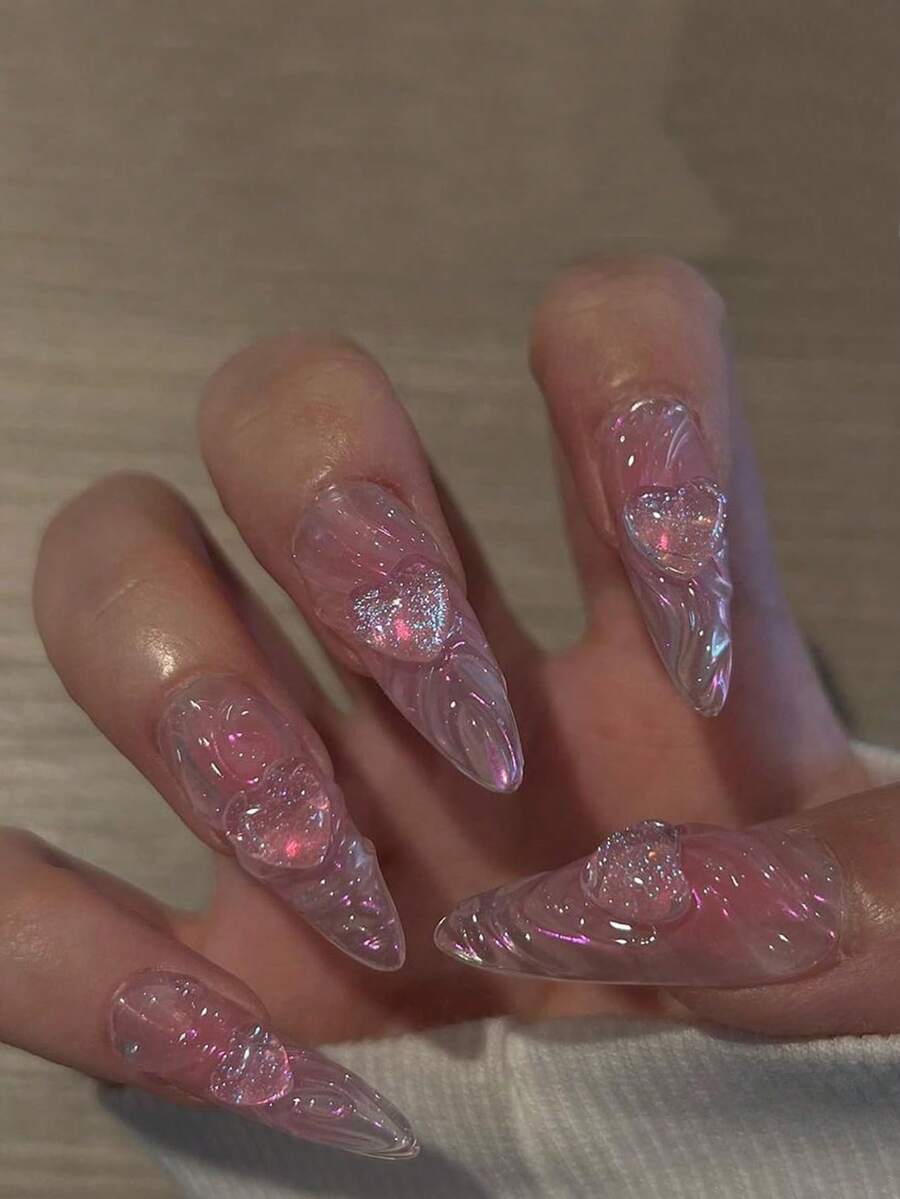 10片装 XS/S/M 春季按压式美甲贴片，短款杏仁形 - 裸粉色美甲贴片，亚克力美甲套装，3D立体爱心装饰，人造指甲，法式美甲按压贴片，全覆盖假指甲，女士美甲护理产品