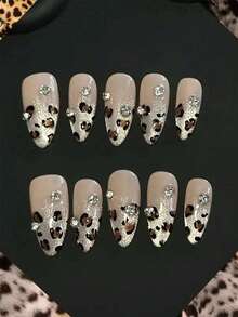10 Pieces Of Manual Pressing Nails, Almond-Shaped Short Pressing Nails, Spring And Summer Nail Art, Fake Nails, Nude French Cat-Eye Leopard Print Nail Art DIY Cat-Eye Leopard Print, Silver Pile Rhinestone Accessories
