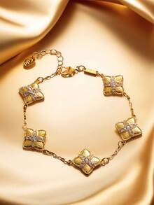 1 件优雅闪亮金色幸运四叶草水钻手链，女士迷人饰品 - 金色 - 查看 8