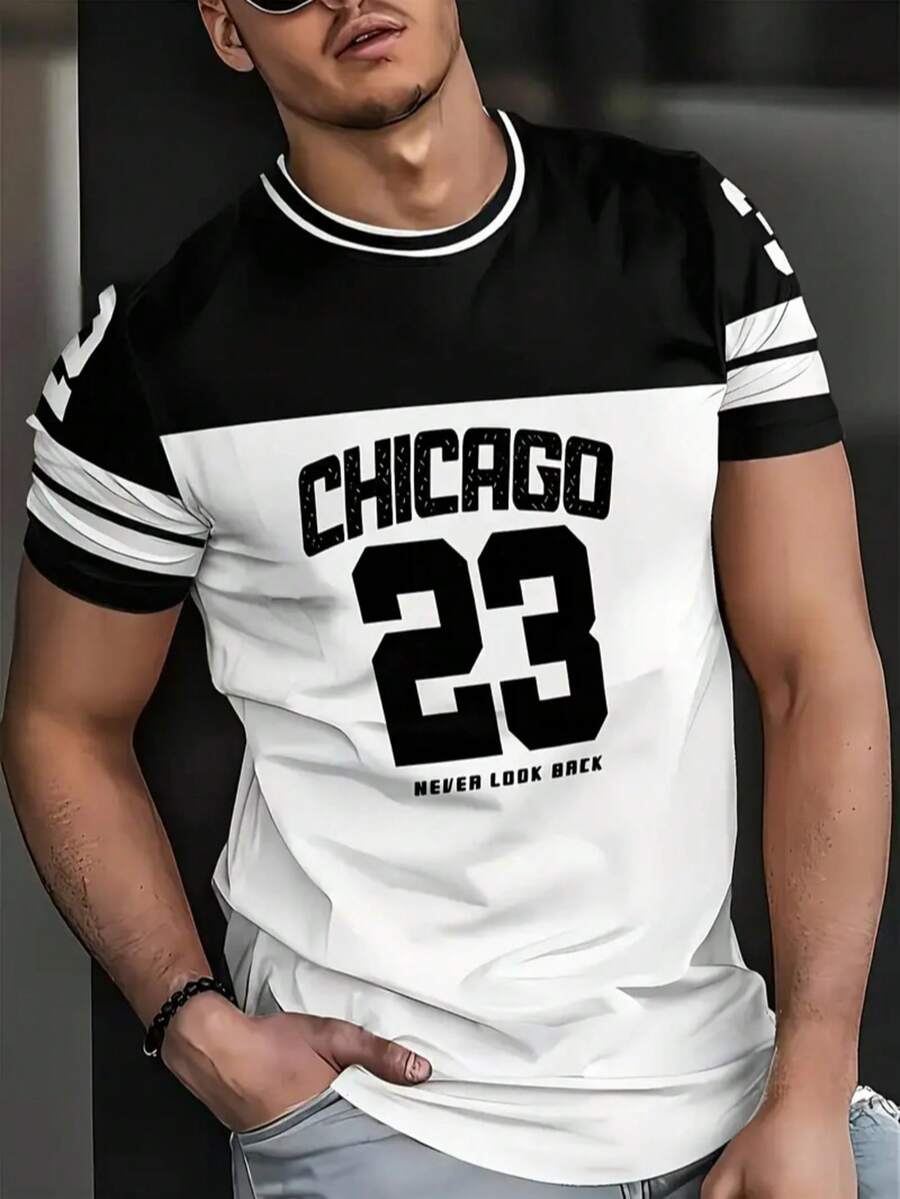 KOVSEE Men's Contrast Color Chicago 23 Number Print Short Sleeve Shirt, Outdoor Sports Casual Daily Running Basketball Football Breathable Fitness T-Shirt, Holiday Gift For Boyfriend