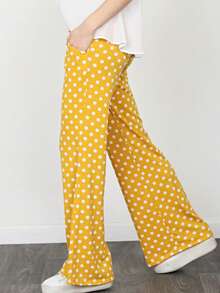 Boho Retro 90's Style Stripe Floral Drawstring Fold Over Band Wide Leg Lounge Pants - Yellow - View 3