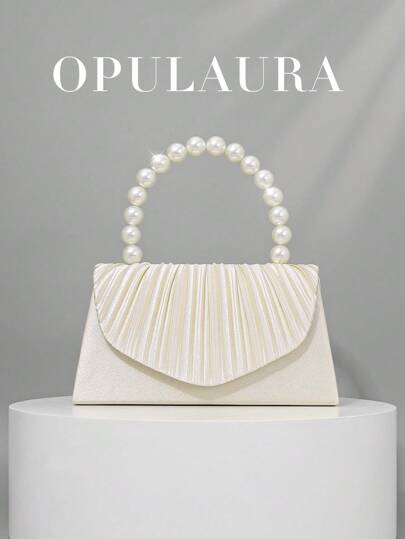 OpulAura Women's Elegant Faux Pearl Satin Handbag, Romantic Wedding Party Bag, Refined & Charming Evening Gown Accessory, Pleated Design Formal Ladies Clutch Suitable For Formal Occasions, Weddings, Birthdays, Parties; Also Makes A Great Gift, Elegant Pearl Clutch, Prom Bag, Clutch Bag For Wedding