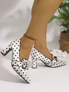 Women's Pointed Toe High Heeled Single Shoes, Satin Polka Dot Chunky Heeled Shoes, Slip-On Bow Decoration, Suitable For Outdoor And Office - trắng - Xem 2