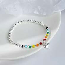 1 pieza de joyería de plata de ley hecha a mano con cuentas de colores de moda en forma de amor, colgante de amor, pulsera elástica ajustable, circunferencia de la muñeca adecuada para ropa de diario, regalo del Día de la Madre