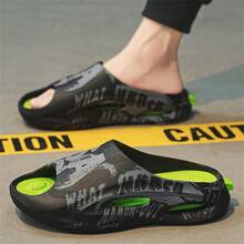 Sandalias de deslizamiento de cuero para hombres, pantuflas de playa, pantuflas con correa para exteriores - Negro - Ver 1