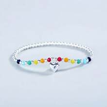 1 pieza de joyería de plata de ley hecha a mano con cuentas de colores de moda en forma de amor, colgante de amor, pulsera elástica ajustable, circunferencia de la muñeca adecuada para ropa de diario, regalo del Día de la Madre
