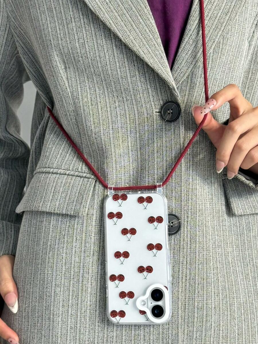 1 pieza Funda de teléfono con cordón con expresión de cereza, 1 pieza Correa desmontable de 4 mm de grosor, Correa para el hombro/Bandolera, Anillo protector del objetivo de la cámara de alta protección, Funda suave de TPU transparente para 15 Pro Max / 15 Pro / 15 Plus / 11 / 12 / 12 Pro Max / 13 / 13 Pro Max / 14 / 14 Pro Max / 14 Plus / 16 / 16 Pro / 16 Plus / 16 Pro Max