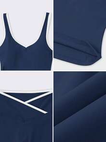 2pcs Women Sports Vest And Flare Pants Set, Contrast Color, Fashion Waist Design, Versatile - Navy Blue - View 5