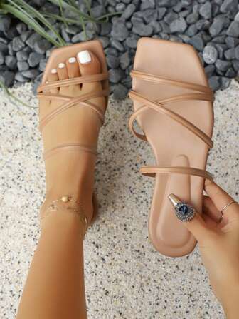 Women's Flat Sandals, Elegant & Comfortable, Plus Size, Square Toe Beach Slippers, Black, White, Beige, Khaki, Purple, Gold