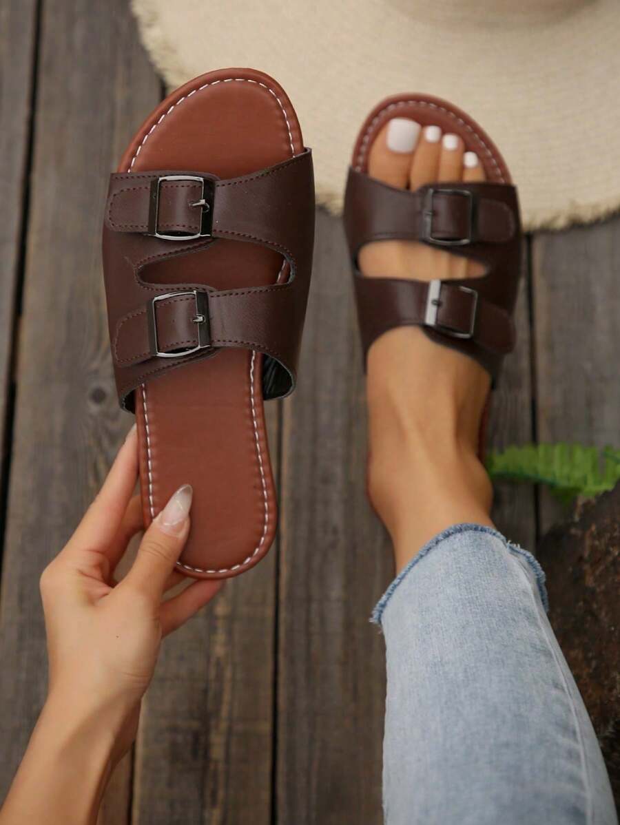 New Plus Size Women's Double Buckle Round Toe Comfortable Fashion Beach Flat Sandals, Suitable For Vacation, Home, Party And Commuting
