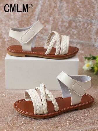 1 Pair Toddler Girls Plain PU Cross Strap Round Toe Sandals, Comfortable & Fashionable Roman Style Suitable For 3-12 Years Old Students Daily, Casual, Vacation Wear, Spring/Summer