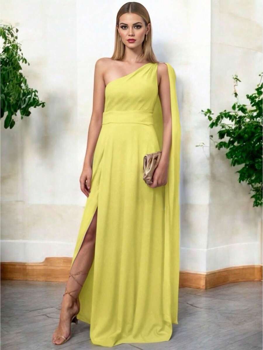Vestido Elegante Asimetrico con Abertura Lateral y Holgado de la Parte Inferior Hombro Descubierto con Capa - Amarillo - Ver 1