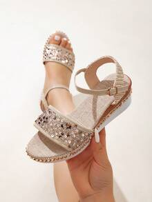 宽带坡跟凉鞋，厚底高跟夏季休闲度假装单扣厚底女士凉鞋 - 金色 - 查看 6