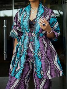 2 件大码女式套装，短袖夹克 + 长袖裤，蓝色花卉印花，波西米亚度假风格 - 藍紫色 - 查看 2