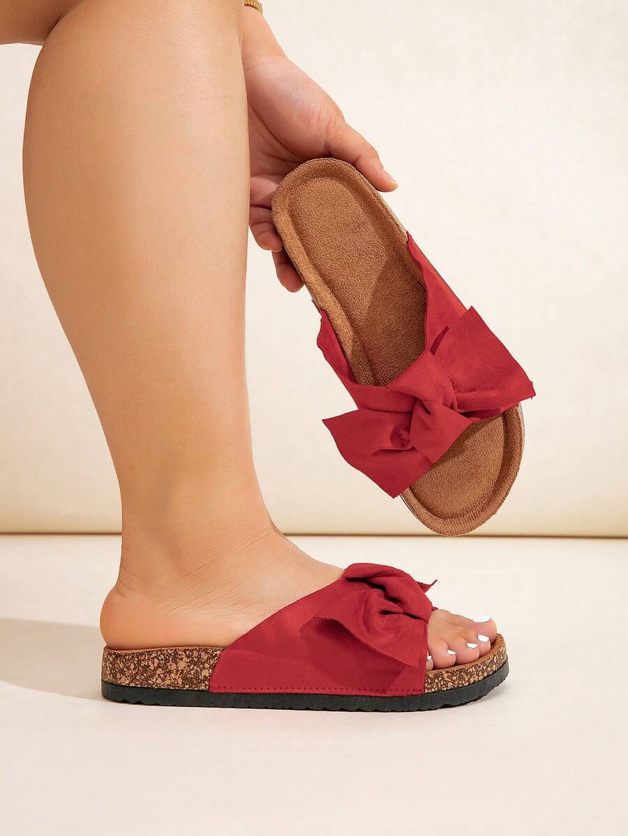 Wide Fit Black Plush Slippers, Casual Indoor/Outdoor, Vacation, Beach Slides, Soft Wooden Texture Fluffy Ladies Slippers - Burgundy - View 1