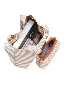 2pcs Striped Pattern Tote Bag And A Small Clutch With Chain, Casual Shoulder Bag, Adjustable Strap, Perfect For Daily Use Or Gift - Beige - View 7