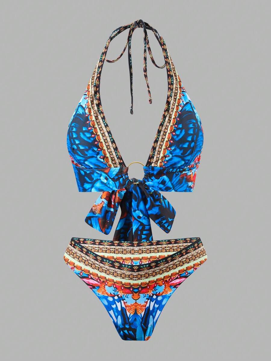 2024新款欧美风女士两件套泳衣，时尚修身性感比基尼，度假沙滩装 - 寶藍色 - 查看 1