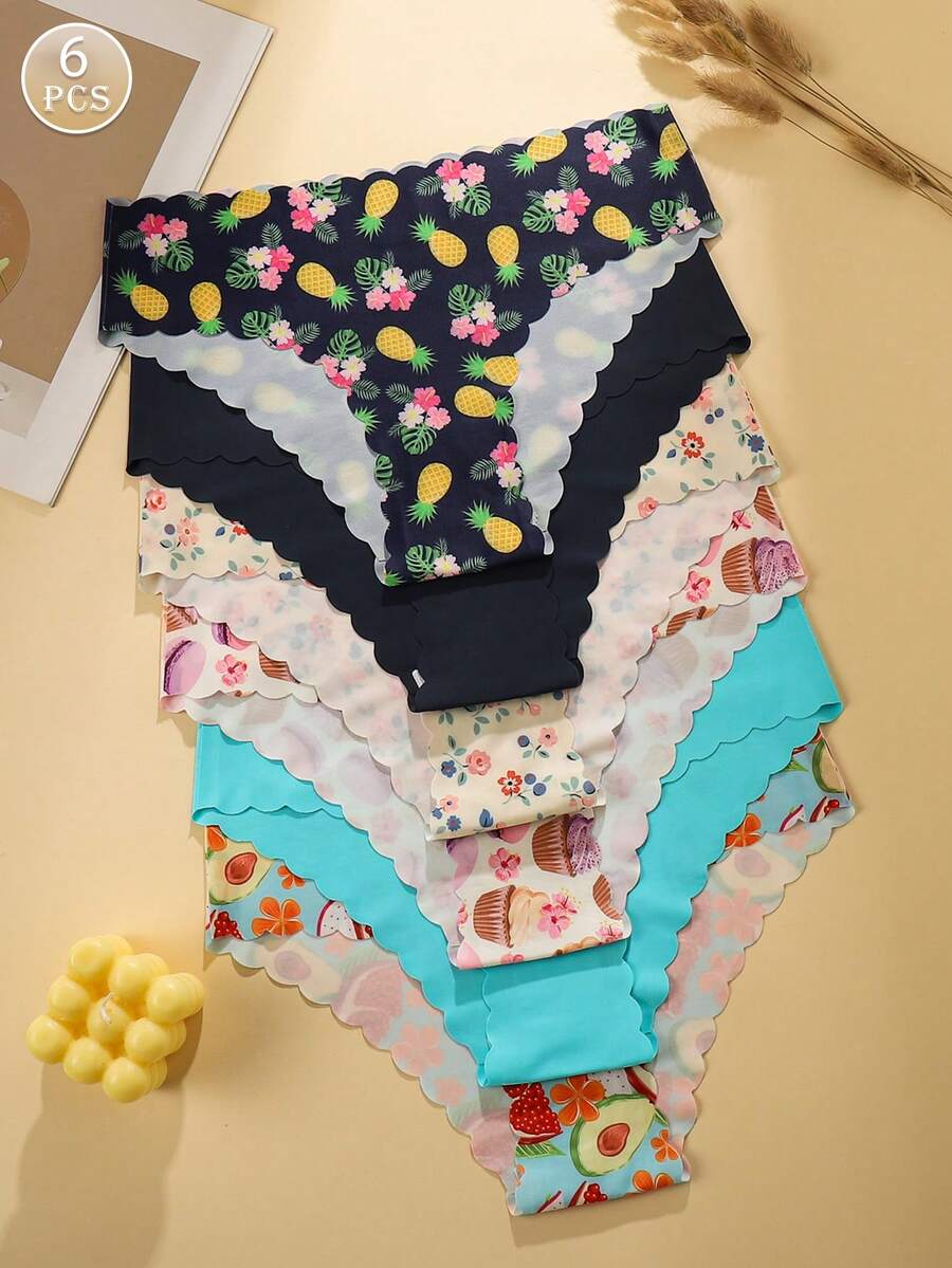 6pcs/Pack Women No-Show Underwear, Smooth Wave Edge, Soft & Comfortable Ladies Briefs With Exquisite Fruit Cake & Flower Print Design