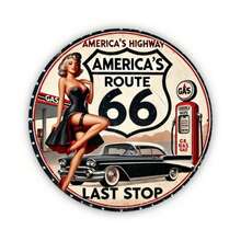 1 件 8x8 英寸复古 66 号公路金属标牌，复古海报女孩和经典汽车设计，铁艺墙面装饰，适用于酒吧、咖啡厅、俱乐部、厨房，孔样式随机