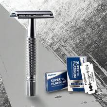 经典双刃剃须刀，男女适用，不锈钢刀片+防滑长柄。顺滑可重复使用，男女通用手动剃须刀，理发店专用剃须刀，金属剃须刀 - 銀色 - 查看 3