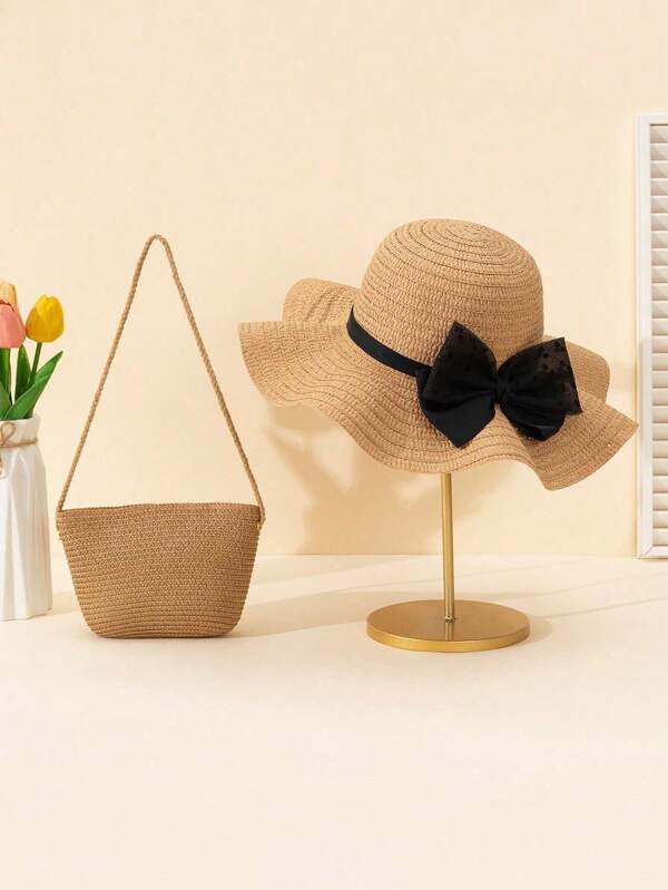 2 pièces Ensemble chapeau de soleil en paille beige et sac bandoulière en paille avec porte-monnaie, convient pour les voyages et les vacances