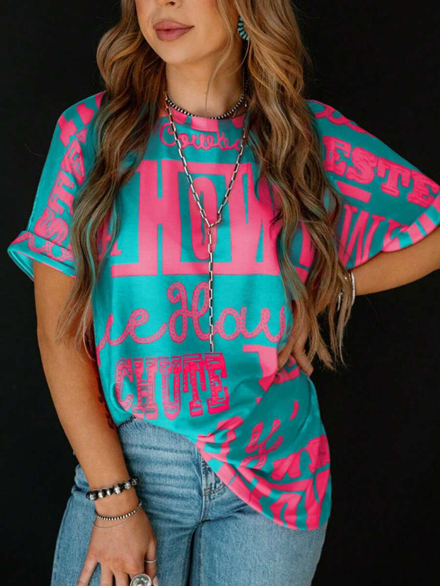 Acelitt Summer Rose “Howdy Cowboy”字母印花宽松休闲圆领短袖T恤