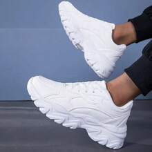 Men's Casual Sports Shoes, Thick Sole, Shock-Absorbing, Wear-Resistant, Soft Bottom, Running Shoes, Fashionable Design, Low-Top, Breathable, Lightweight, Comfortable, Versatile Chunky Sneakers, Suitable For Outdoor Fitness, Running, Sports, Walking - White - View 4