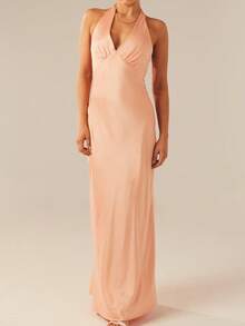 Women Halter Satin Maxi Dress Sleeveless Tie Up Backless V Neck Elegant Cocktail Dresses Wedding Guest Dress - 粉色 - 查看 1