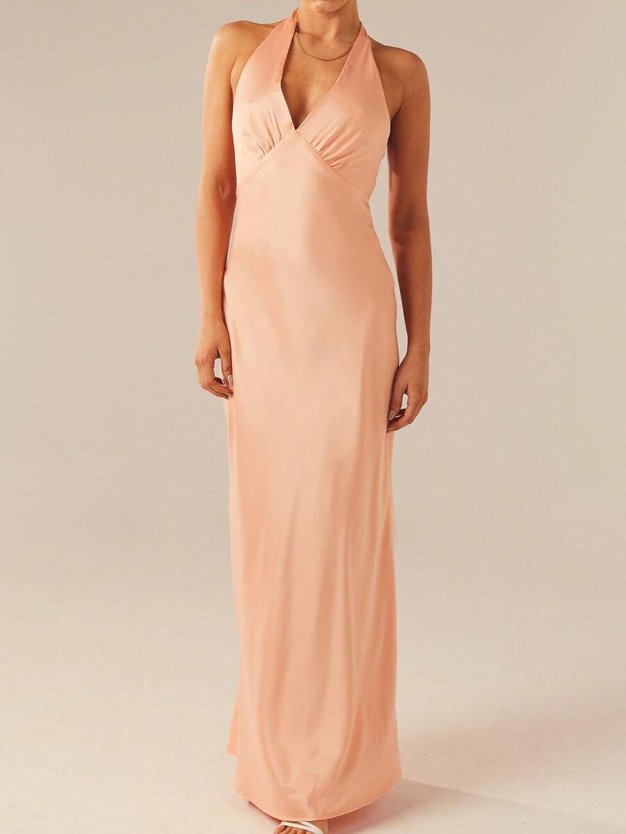 Women Halter Satin Maxi Dress Sleeveless Tie Up Backless V Neck Elegant Cocktail Dresses Wedding Guest Dress - 粉色 - 查看 1
