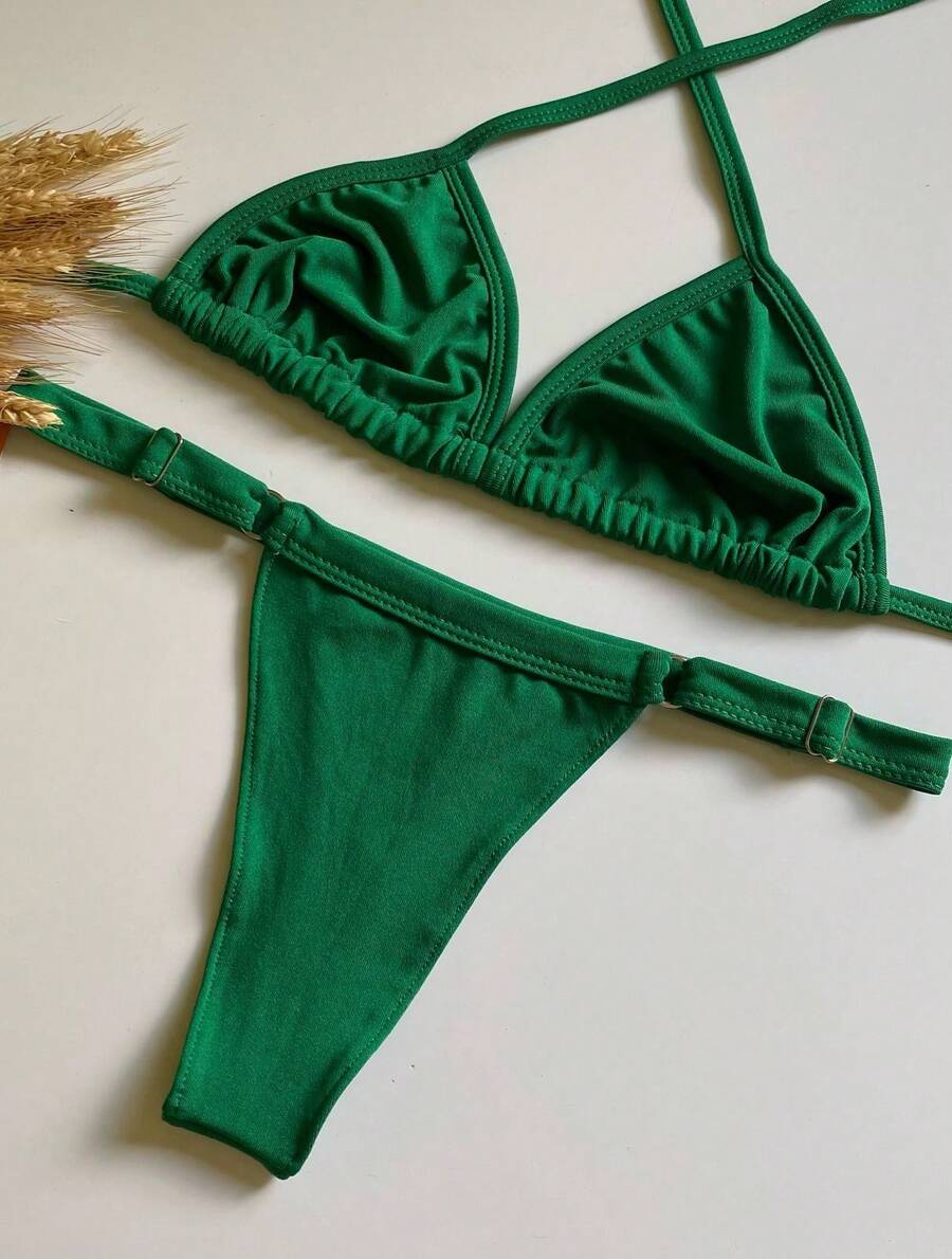 Triangle Bikini With Adjustable Thong Panties - Green - View 1
