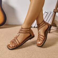 Women's Summer New Roman Sandals, Bohemian Vintage Hollow-Out Flat Low Heel Comfortable Travel Beach Shoes
