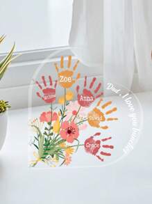 Personalized Acrylic Heart Shaped Desk Sign Customizable With Handprints And Names Perfect For Father's Day Decorations Featuring Colorful Floral Elements And Family Handprints Ideal Gift For Dad Papa Grandpa Unique Desktop Keepsake For Office Or Home Touching Family Souvenir For Holidays Birthdays And Special Occasions