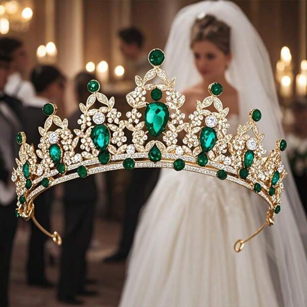 1 pezzo Tiara da corona barocca verde vintage in lega con strass, accessorio per corone da palcoscenico, accessorio da sposa