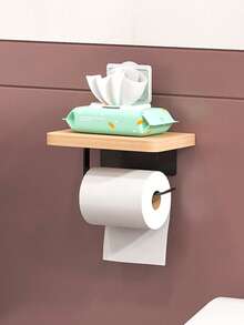 （黑色/白色）壁挂式木质搁板，带悬挂式卷轴架 - 无需钻孔粘贴安装 - 节省空间的浴室/厨房收纳架 - 彩色 - 查看 5