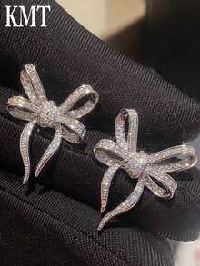 2pcs Copper Alloy Rhinestone Bowknot Elegant Earrings For Women, Fashion Accessory For Party, Date, Banquet - Silver - View 1