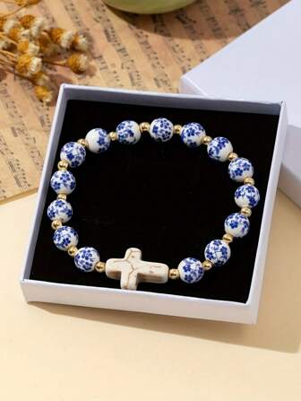 Brazalete elegante de estilo chino vintage con cruz de turquesa y cuentas de cerámica