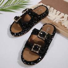Women's New Thick Sole Sandals, Sequined Upper Design, Textile Upper, Cork Insole, Rubber Outsole, Suitable For Casual, Fashion, Beach, , Sexy Textile Strap Flat Sandals For Beach, Wedding, Party, Outdoor, Office, Summer