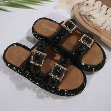 Women's New Thick Sole Sandals, Sequined Upper Design, Textile Upper, Cork Insole, Rubber Outsole, Suitable For Casual, Fashion, Beach, , Sexy Textile Strap Flat Sandals For Beach, Wedding, Party, Outdoor, Office, Summer