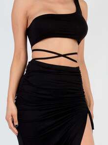 Women's Sexy One Shoulder Crop Top With Criss Cross Detail And Ruched Split Thigh Midi Skirt Two Piece Set Comfortable Knitted Fabric For Casual Or Party Wear - 黑色 - 查看 4