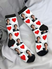 1 Pair Of Socks Men, Custom Personalized Photo, Heat Transfer 360 Degree Printing, Personal Customized Face Pattern, Funny Heart Pattern, Quality Summer Socks, Women's Sports Mid-Calf Socks, Suitable For Daily Wear, Unique Whimsical Gift For Mother's Day, Father's Day And Special Occasions - Multicolor - View 2