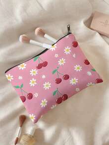 Floral & Cherry Reversible Print Travel Cosmetic Bag Zipper Makeup Pouch - Multicolor - View 4