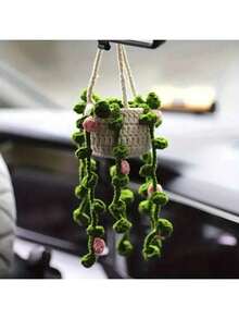 1 Stück handgefertigter gehäkelter süßer Pflanzenauto-Rückspiegel-Anhänger, kreative Auto-Dekoration